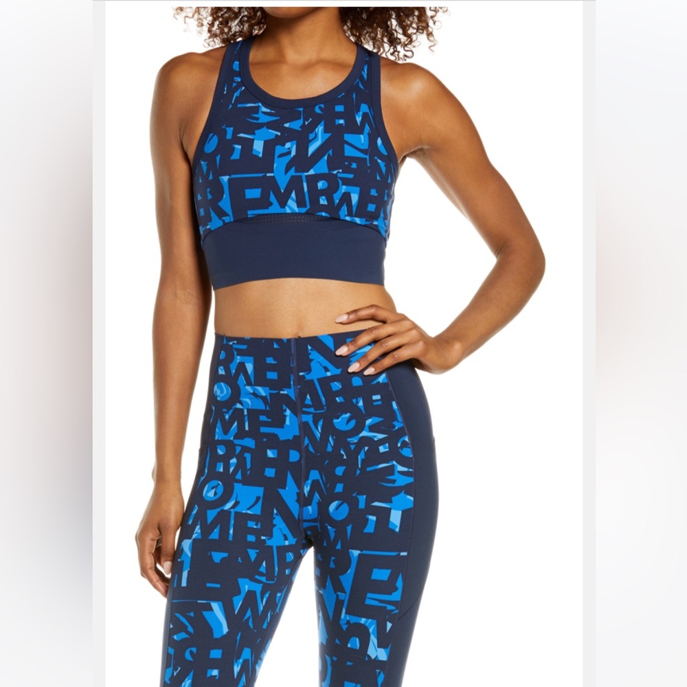 Sweaty Betty Power Frame Racerback Sports Bra in Blue Text Print